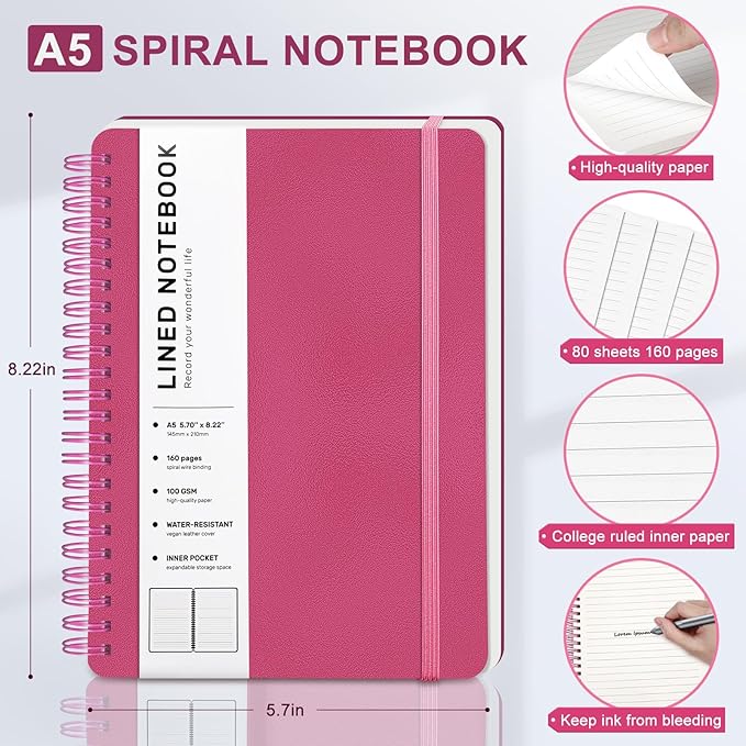 ABERLLS Deeppink Lined Spiral Journal Notebook, 160 Pages, 85.7in A5, - Image 2