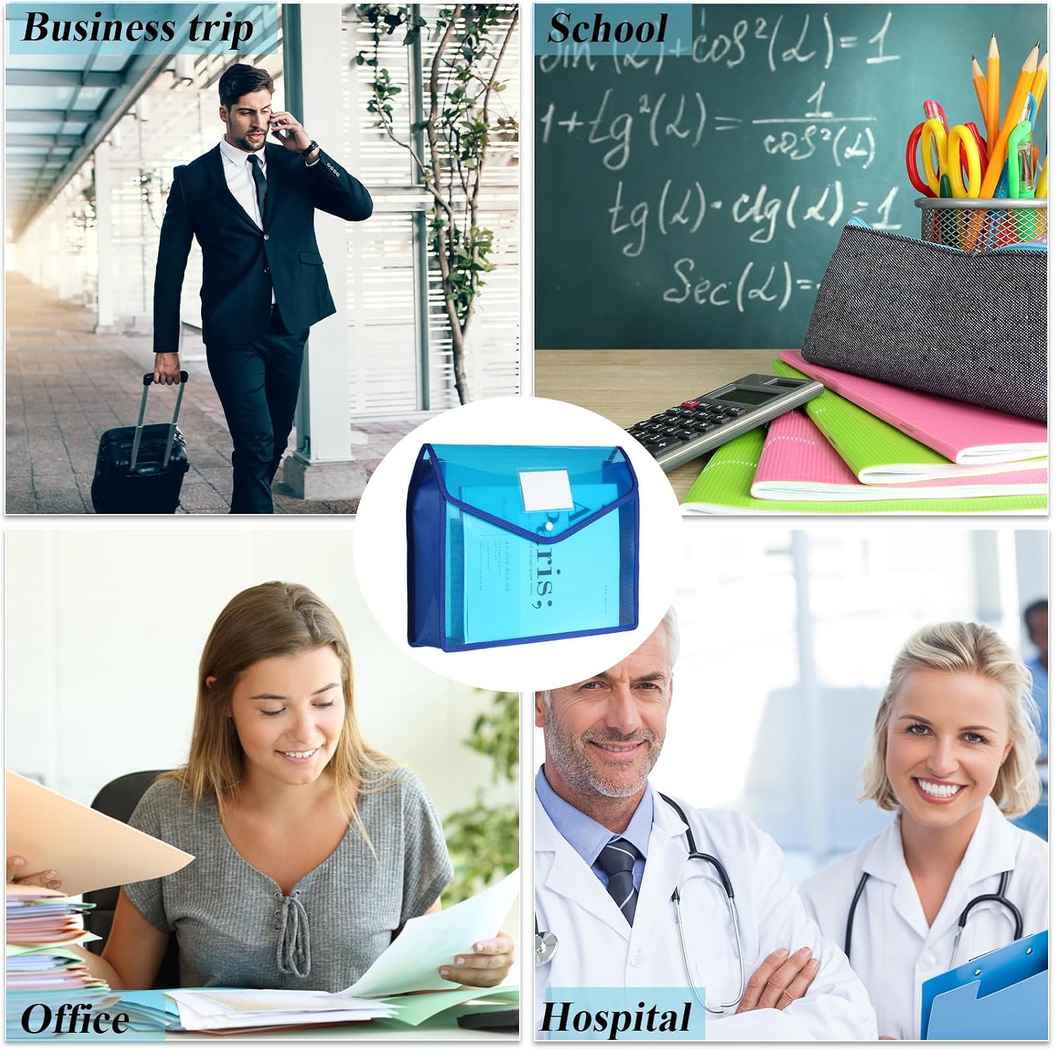 10 Pieces Plastic File Folders Envelope Expanding File Wallet Organizer Documents Folder with Snap Closure and Pocket B4 Waterproof Transparent Pouch for School Office(Blue,Horizontal)