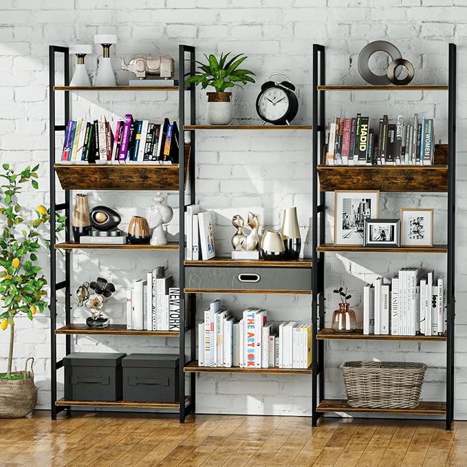 NUMENN Triple Wide 5 Tier Bookshelf, Adjustable Rustic Industrial Style Book - Image 5