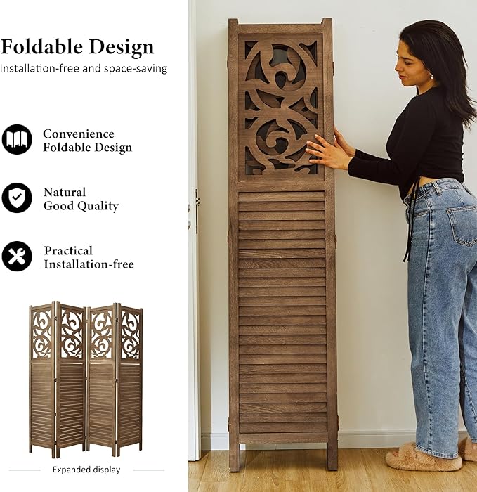 Room Divider Wood Carved Wall Divider Indoor Folding Portable Partition Screen - Image 2