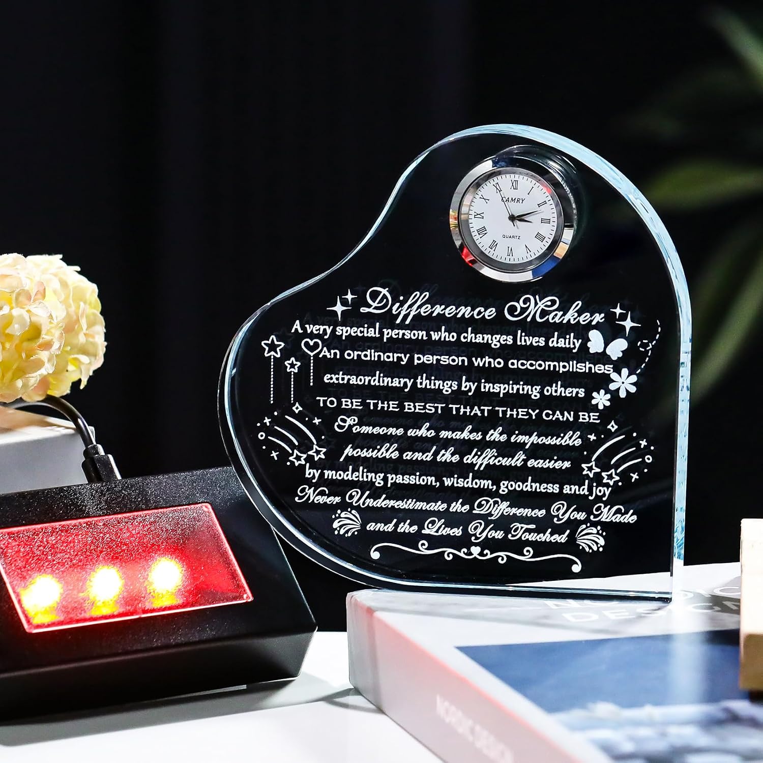 YWHL Difference Maker Gift with LED Base Thank You Gifts for Women Men Employee Mentor Teacher Boss Coworkers Retirement Appreciation Gifts Motivational Difference Maker Clock Plaque Sign Office Decor
