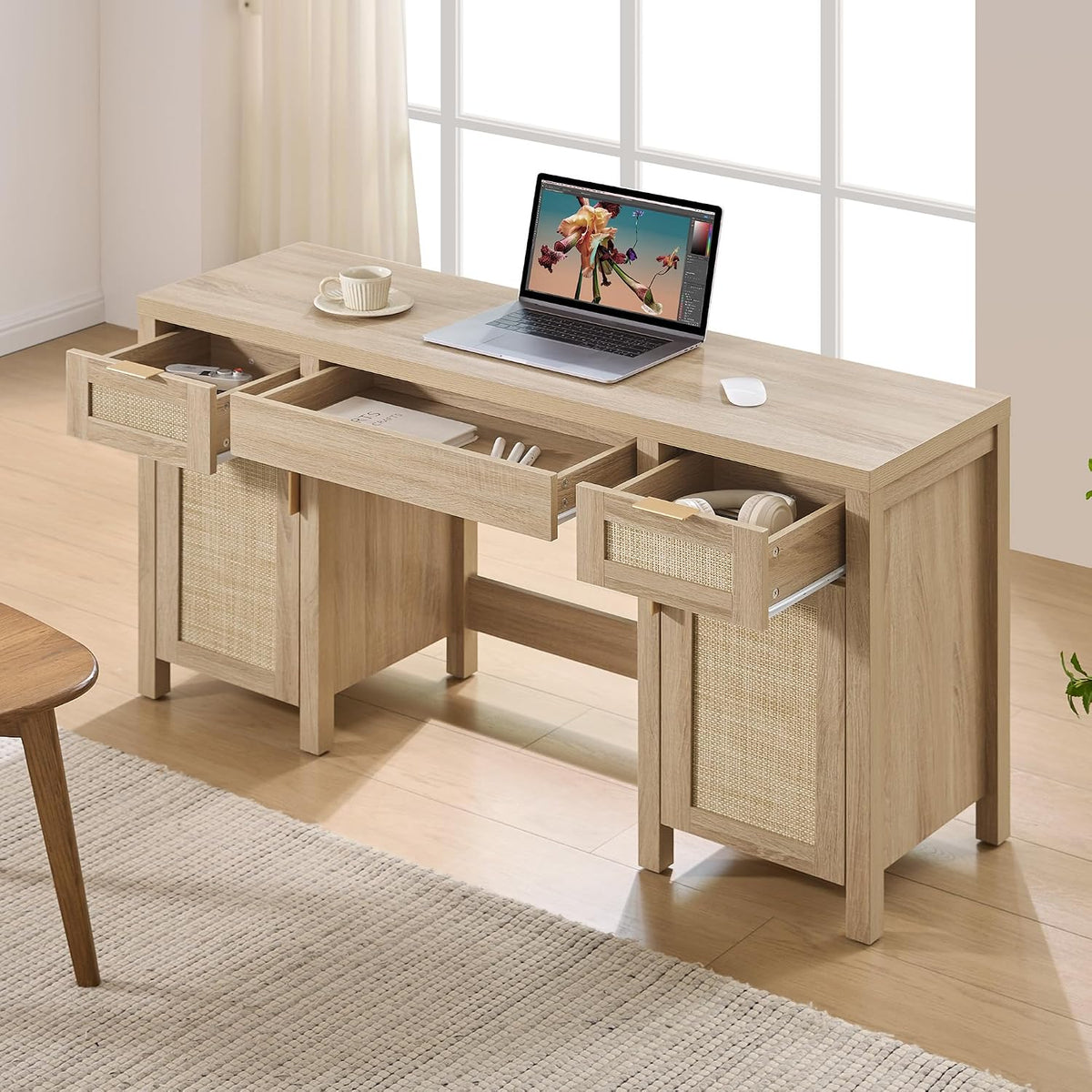 SICOTAS 52" Rattan Vanity Desk with 3 Drawers & 2 Cabinets, Vanity T...