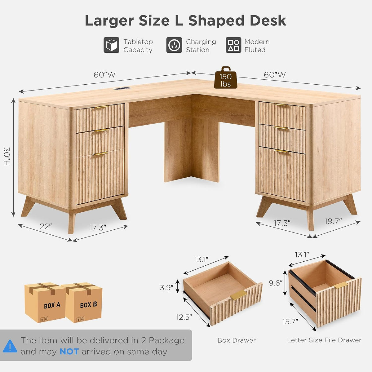 T4TREAM 60-Inch Modern Fluted L-Shaped Executive Desk, Natural Oak