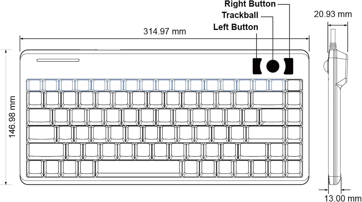 Perixx PERIBOARD-505H Wired Mini Keyboard with Built-in Trackball, 0.55 Inch ...