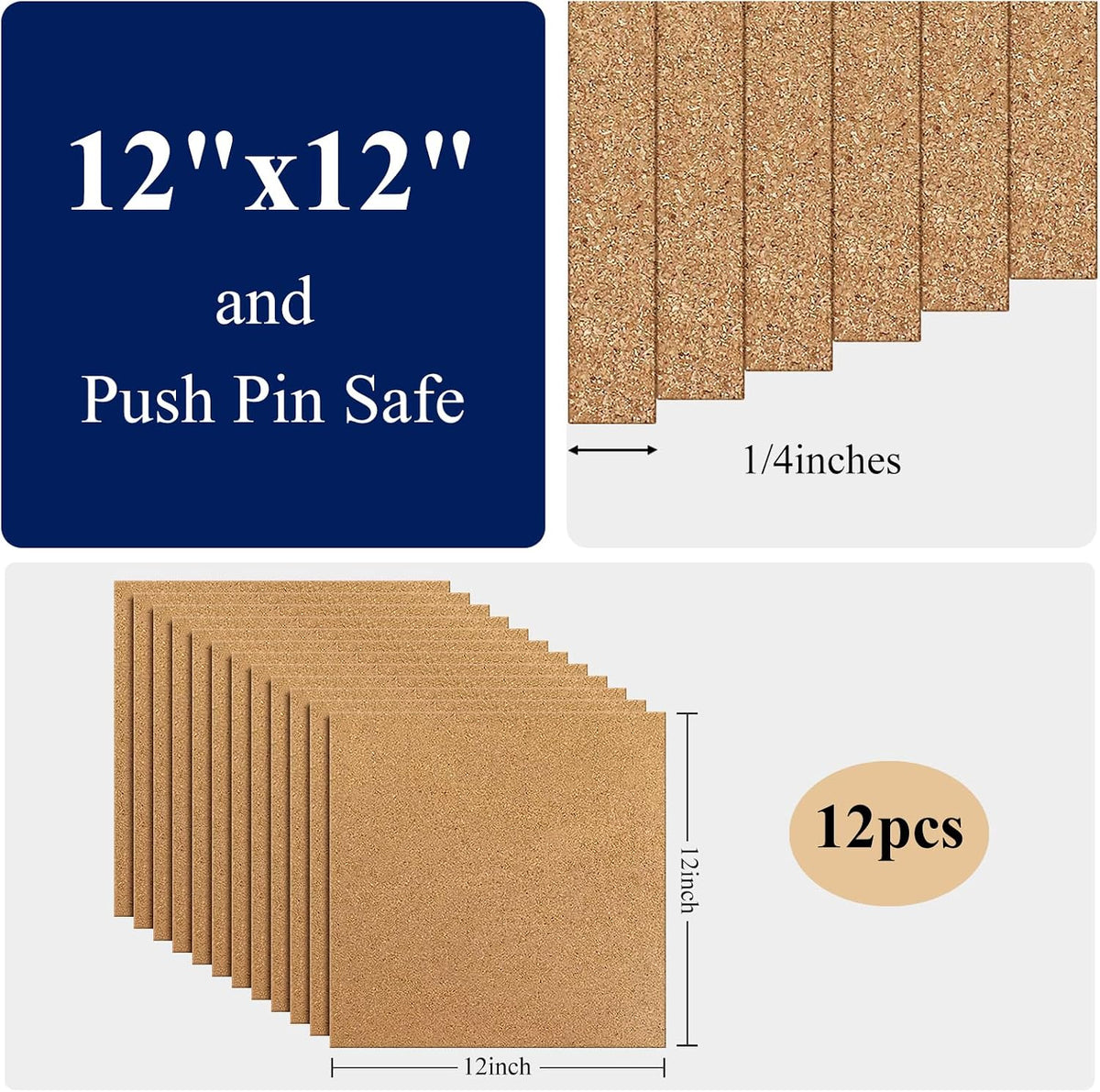 NACHLYNN Cork Board 12 Pack 12 x 12 Self-Adhesive Corkboards for Wall Square ...