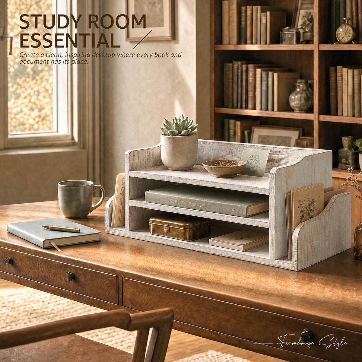 Wood Desk Organizer: File Organizer for Office Desk & Classroom, Whitewash