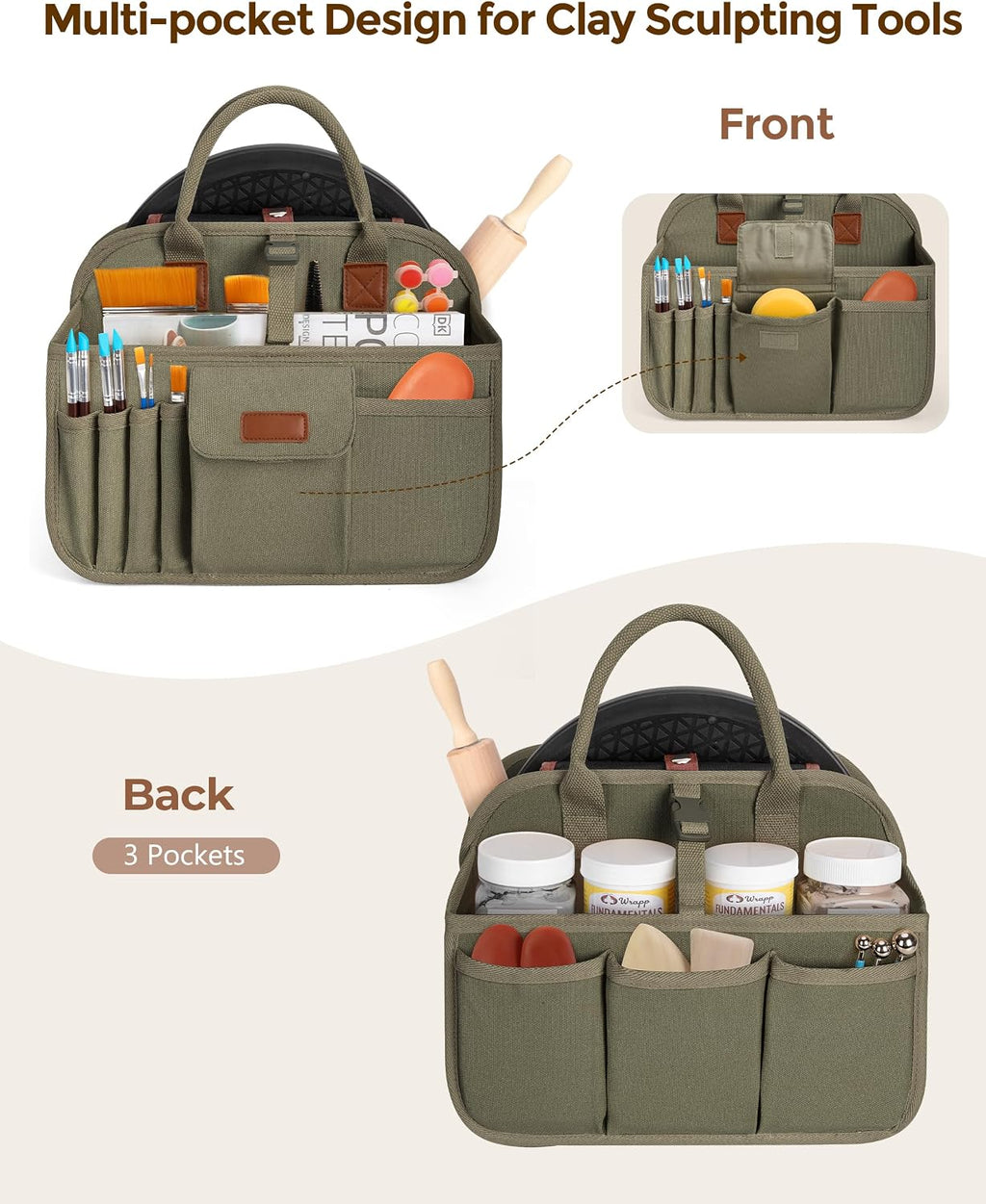 pottery tool organizer bag, art supply studio bag shown in use