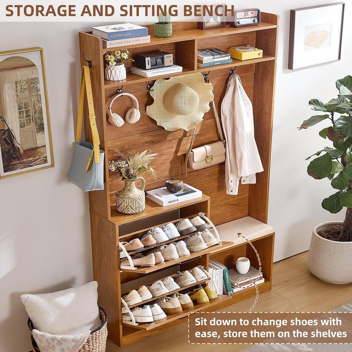 leyaoyao 78" tall boho hall tree with bench showing dimensions