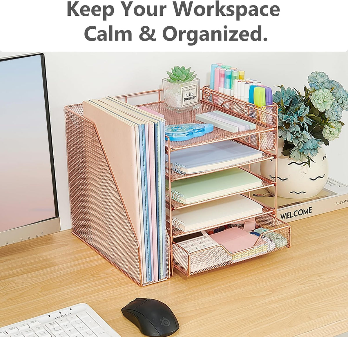 5-Tier Desk File Organizer with Drawer & Pen Holder (Rose Gold)