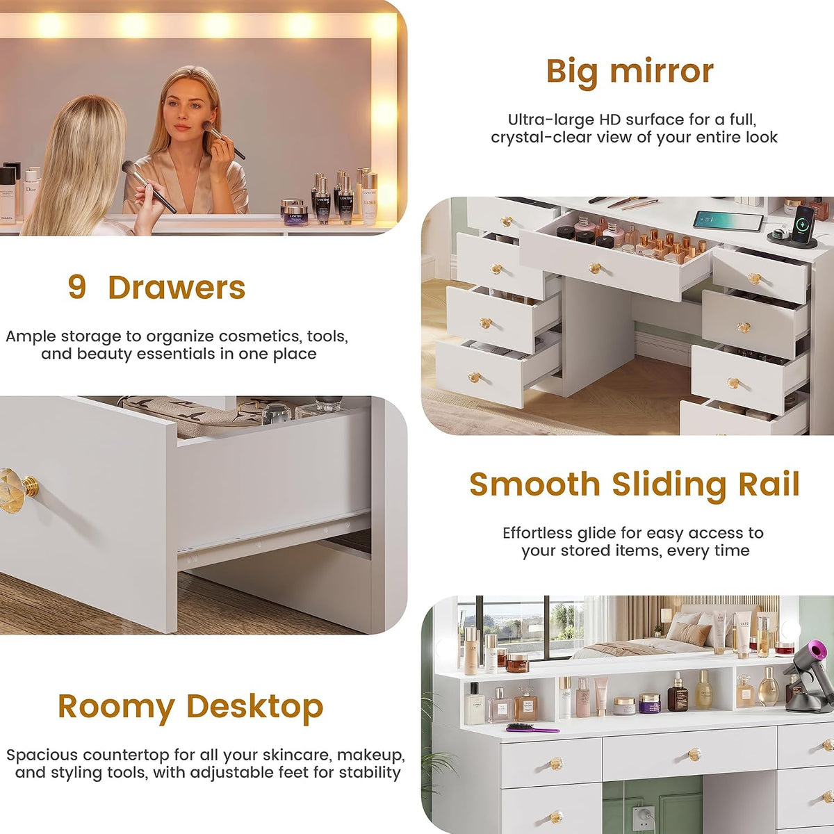 Vanity Desk with Mirror and Lights, Makeup Vanity Table with Power Outlet, 9 ...