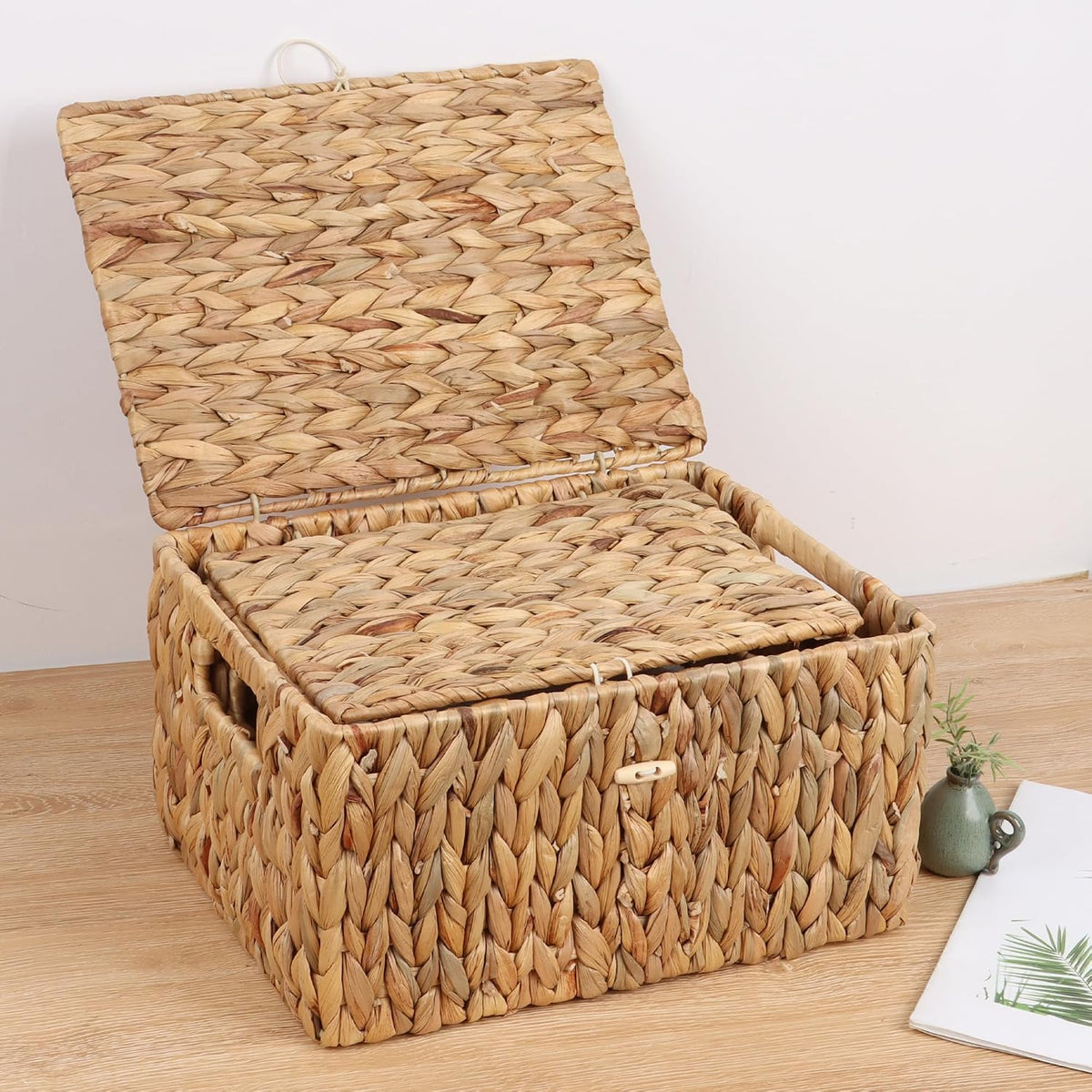 Moosky Wicker Shelf Baskets with Lid, Rectangular Storage Basket Bins with Ha...