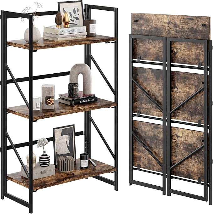 JSB No Assembly Folding Bookshelf, 3 Tier Industrial Metal Book Shelf by HomeFurniture
