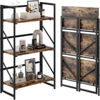 JSB No Assembly Folding Bookshelf, 3 Tier Industrial Metal Book Shelf by HomeFurniture