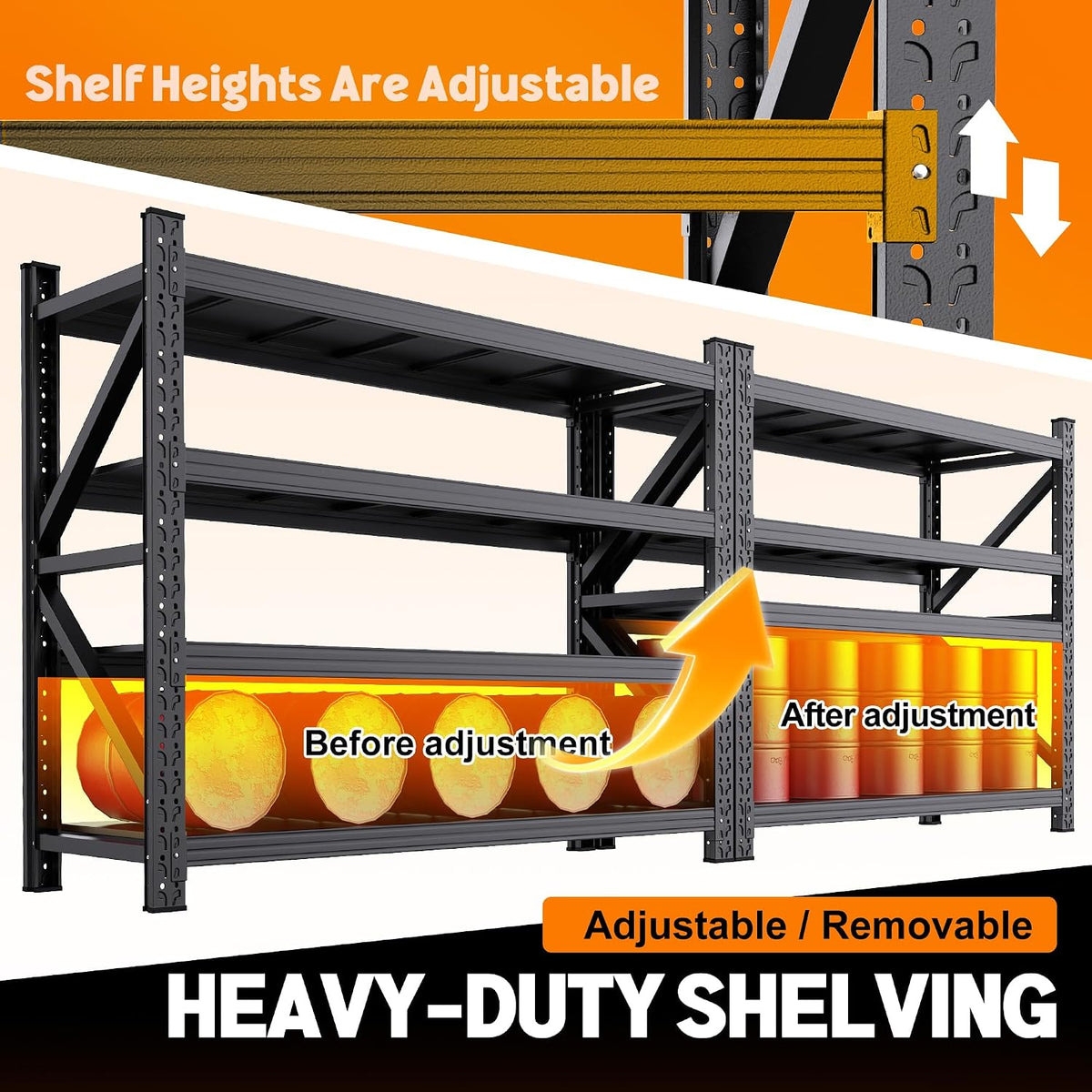 59" w metal storage shelves,3 tier adjustable heavy, side view