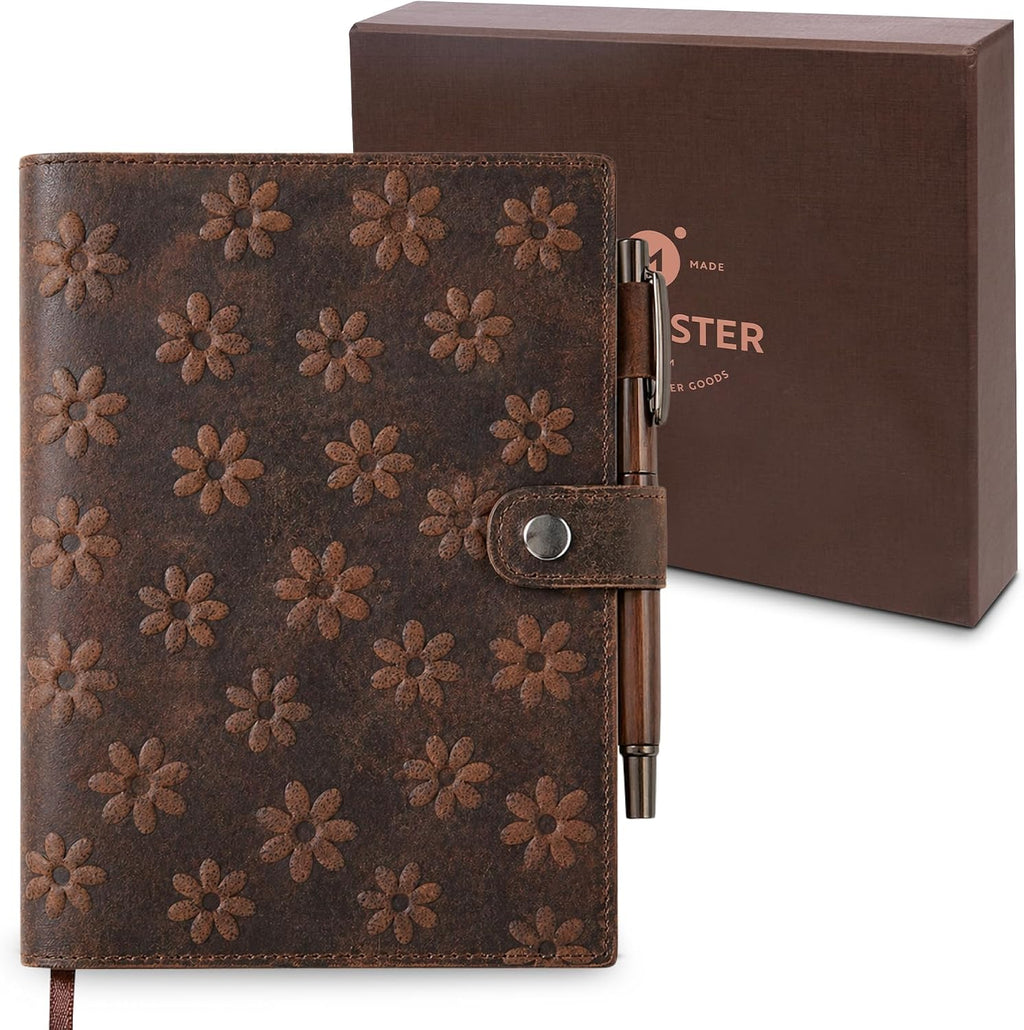 moonster Floral Leather Journal for Women – Rustic Daisy Design Diary with Refillable pages – Leather Notebook for Daily Creative Writing, Work & Travel – Ideal Gift for Women – A5, 320 Lined Pages