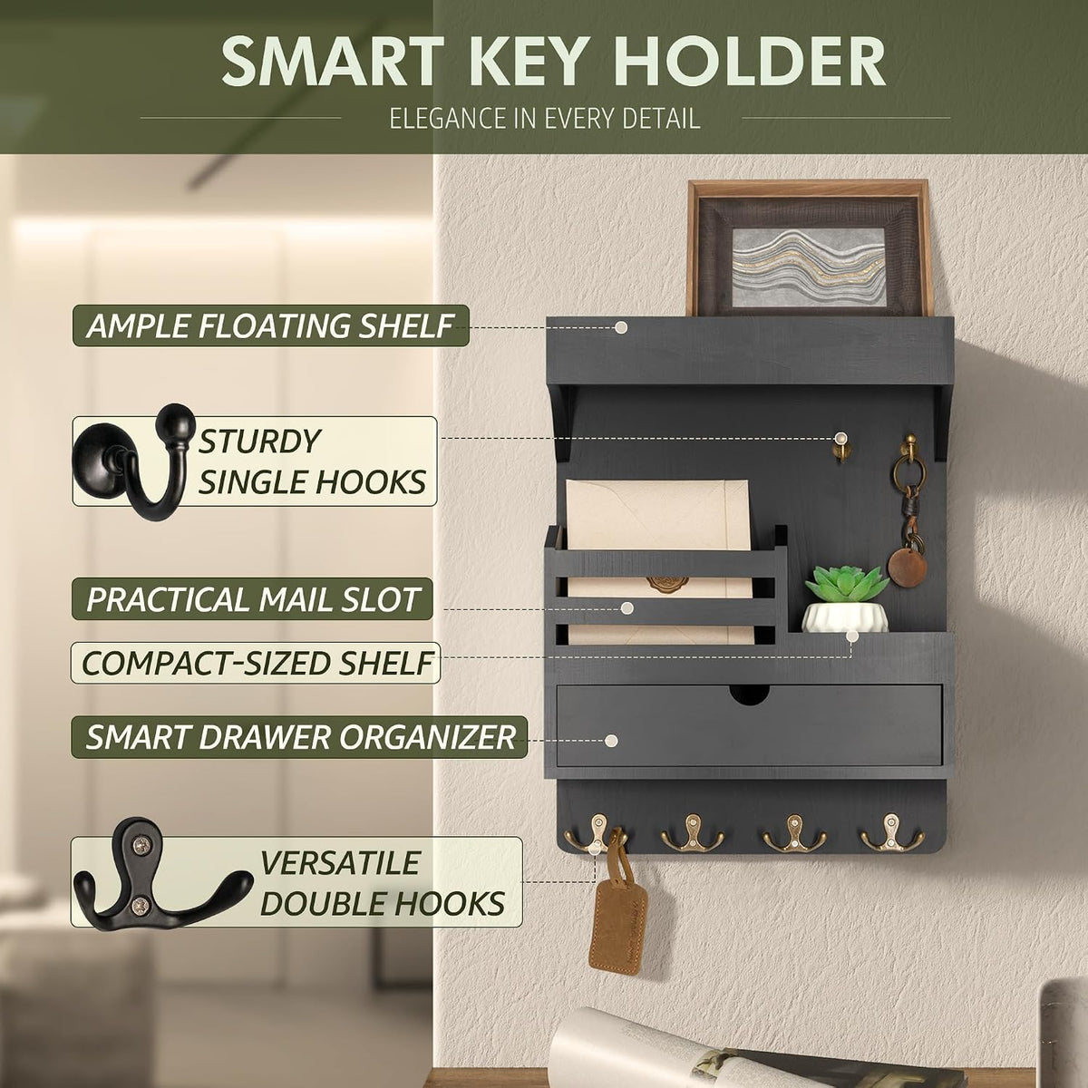 Rebee Vision Key Holder Wall Mount with 6 Key Hooks for Home Decor, Black