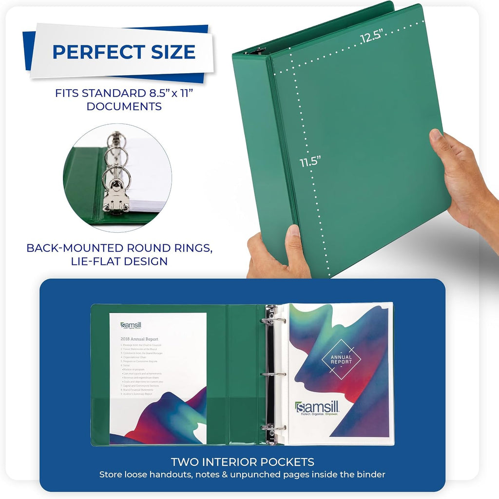 Samsill 2 Inch 3 Ring Binders, Economy Round Ring, Clear View Cover, 425 Sheet Capacity - for School, Home, Office - Green, 12 Pack