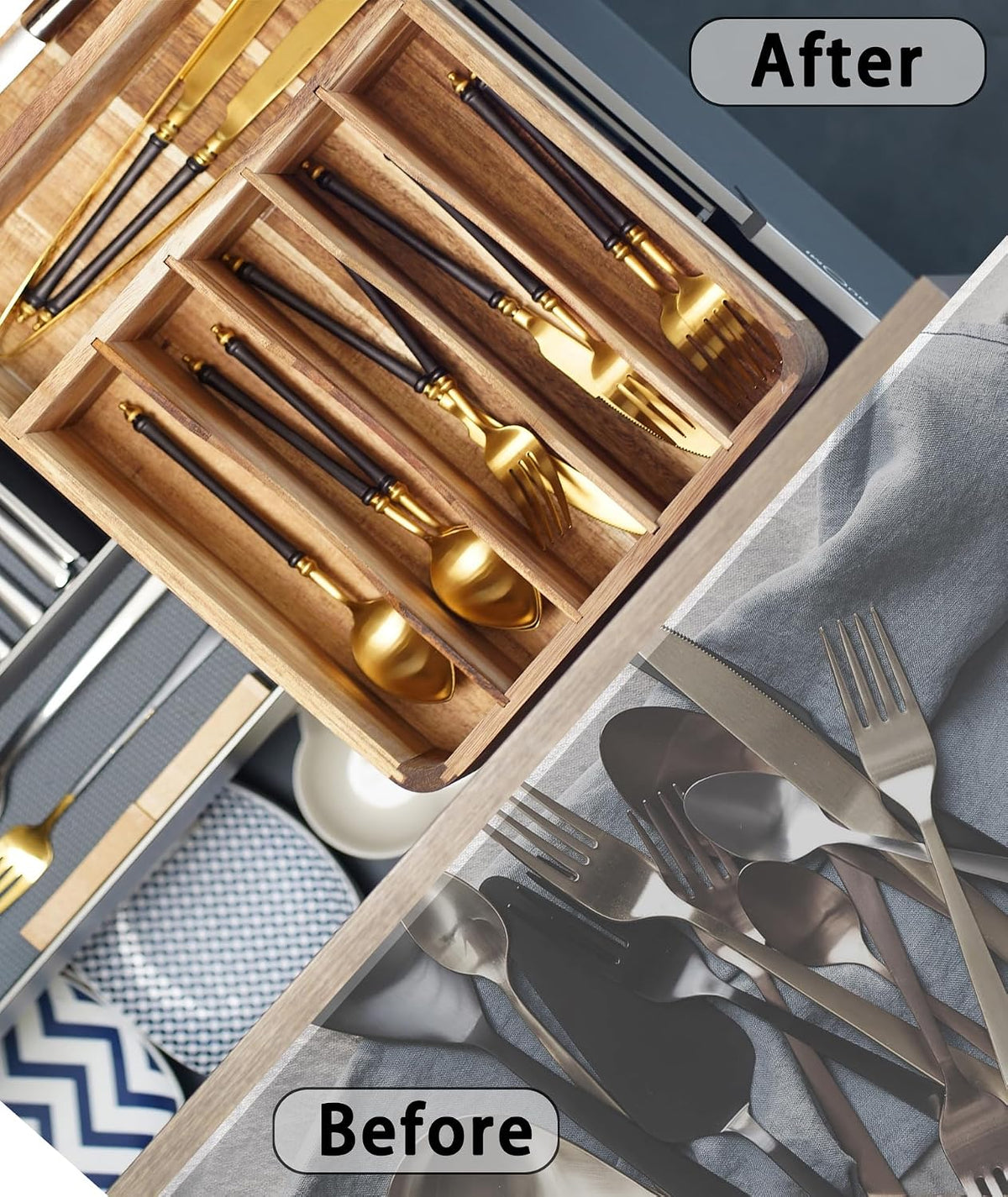 Silverware Drawer Organizer, Acacia Wood Tray for Cutlery & Flatware | 7-...