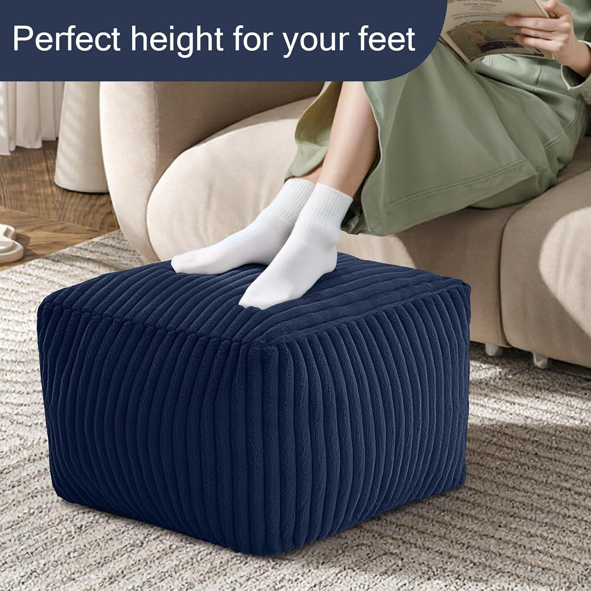 MeMoreCool Square Pouf Ottoman Foot Rest, 15 Inch Faux Fur Pouf, Navy