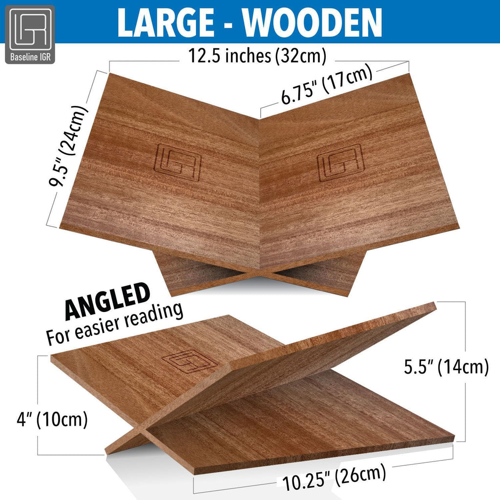 Large Wood Book Stand, 12.5" x 9.5" x 5.5”, Angled Natural Mahogany Wooden Book Holder, Open Bookstand for Display and Reading, Cookbooks, Art Books, Bibles, Magazines - Home and Office