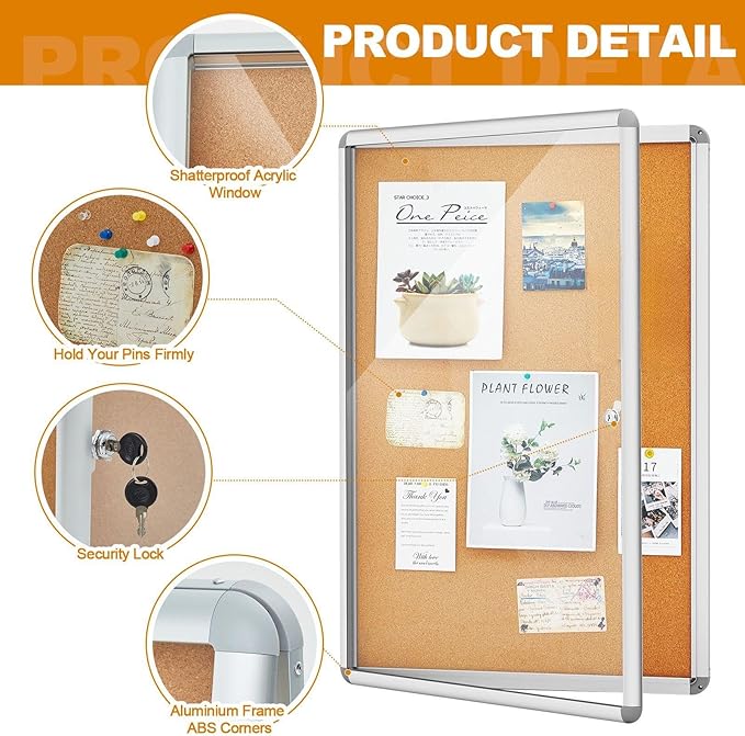 Geetery 36 x 24 Inch Enclosed Bulletin Board Tamperproof Lockable Cork Board - Image 3