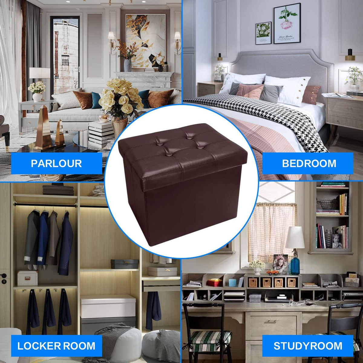Bsketa Storage Ottoman Bench, 17" Folding Leather Foot Rest, Brown 2 Pack