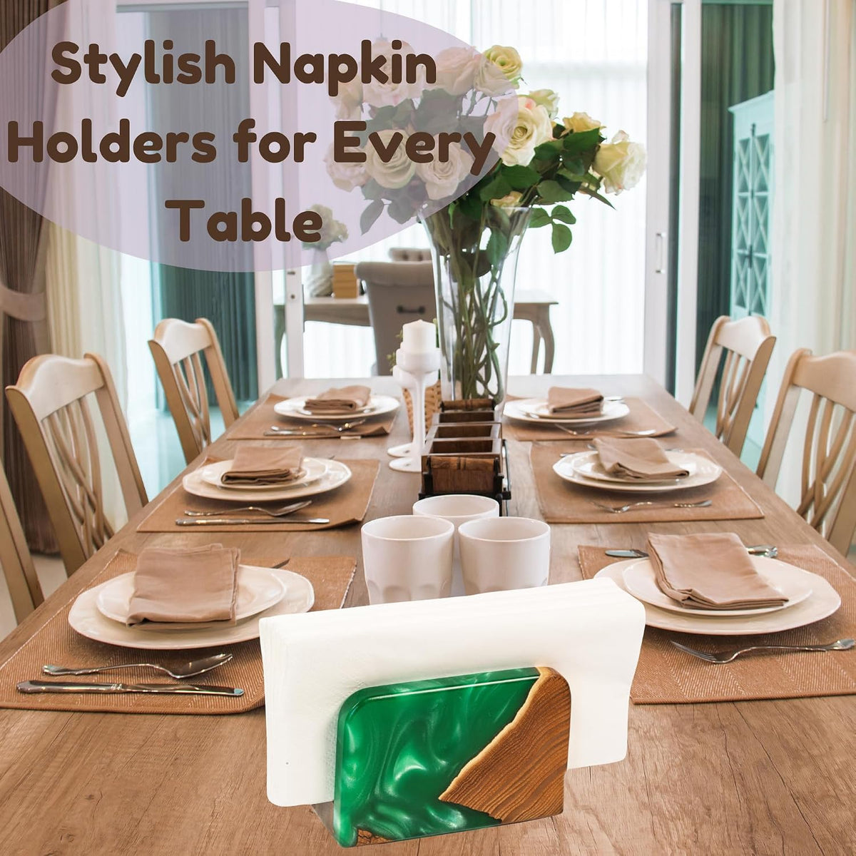Wooden Napkin Holder with Green Epoxy Inlay for Table & Kitchen Decor