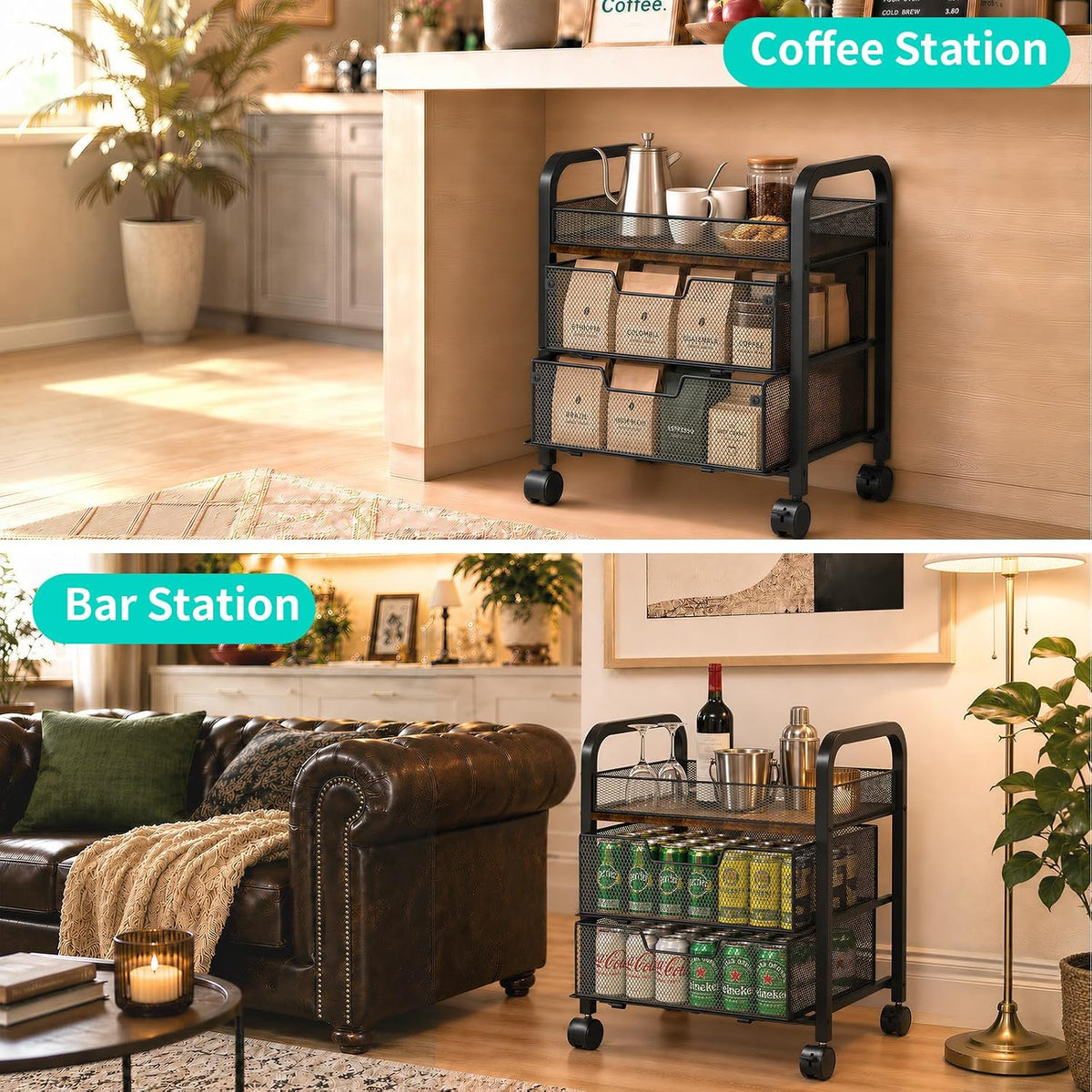 HapiRm 3 Tier Rolling Pantry Organizer Cart- Snack Storage Cart with Wheels