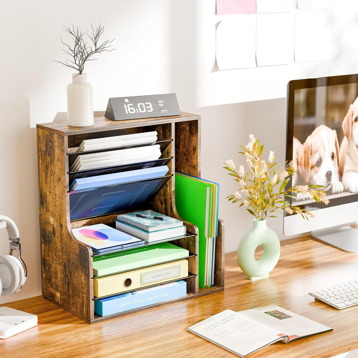 simple trending 7- tier desk file organizer, paper shown in use