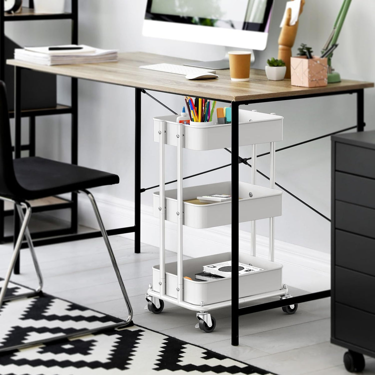Simple Houseware 3-Tier Utility Cart, Low 24" Height Fits Under Desk, White