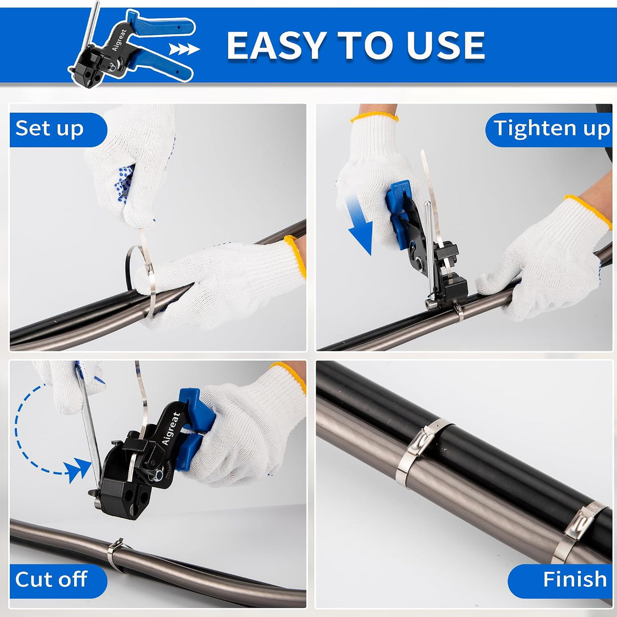 Stainless Steel Cable Tie Gun Set with Adjustable Tension Auto Cut Fastening ...
