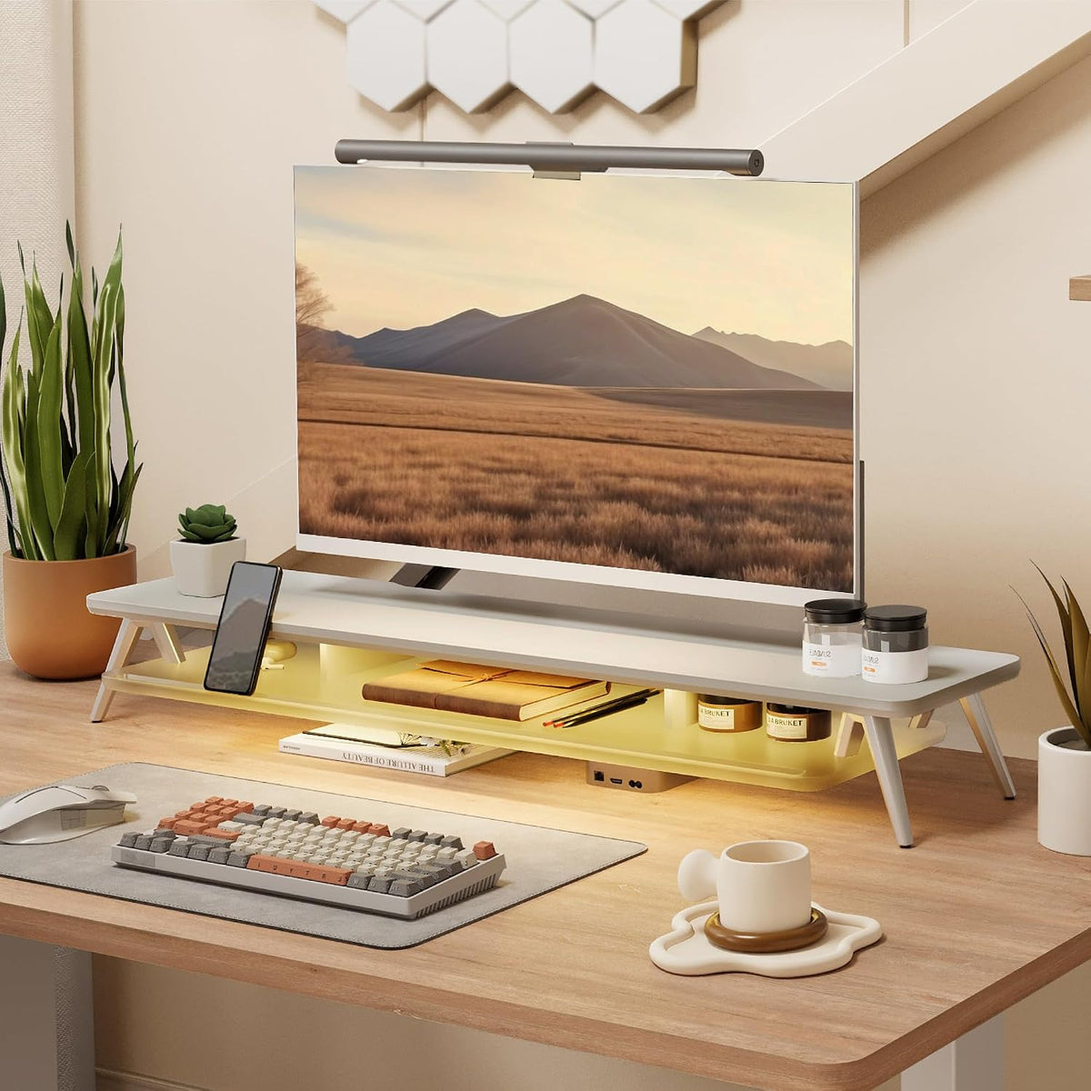 Fenge Dual Monitor Stand for Desk, Wooden Computer Riser, White
