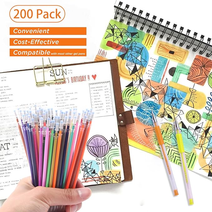 ZSCM 200 Colors Gel Pen Ink Refills, Glitter Neon Gel Ink Pens Refills Replace - Image 5