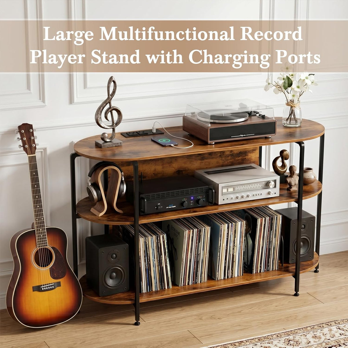 Faesun Vinyl Record Player Stand with Power Outlets, 43.3" Mid Century T...