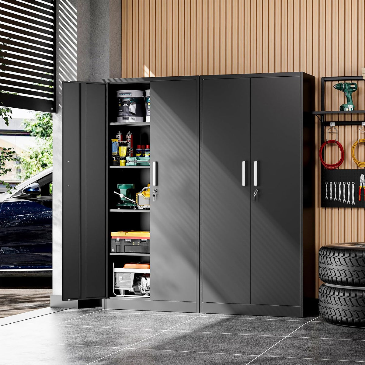 garage storage cabinet, durable metal storage solution shown in use