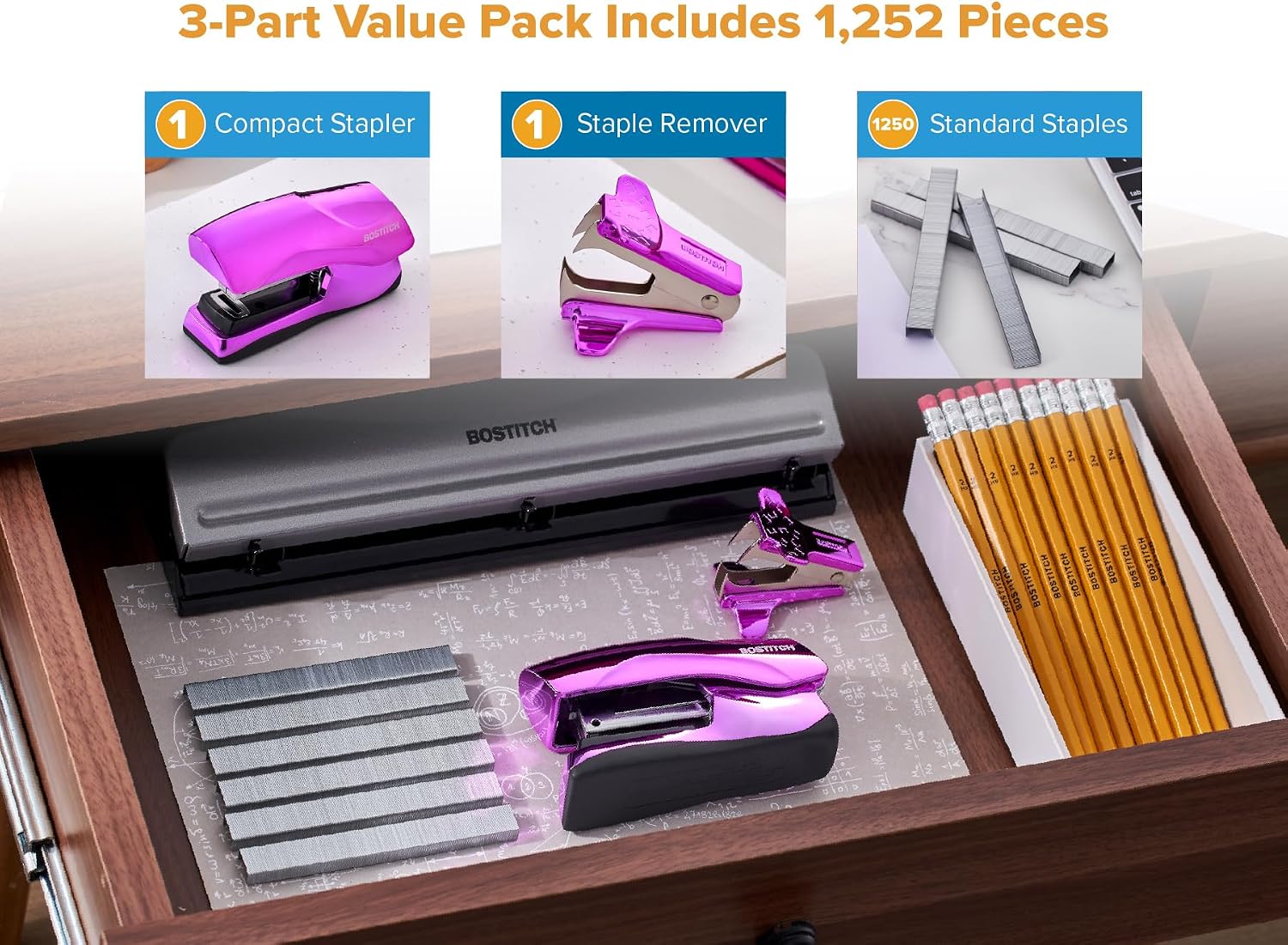 Bostitch Heavy Duty Stapler Value Pack, 40 Sheet Capacity, Purple