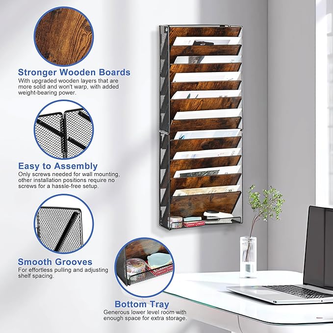 Solinxe 10-Tier Wall File Organizer, Wood Mail Organizer Wall Mounted Paper - Image 5