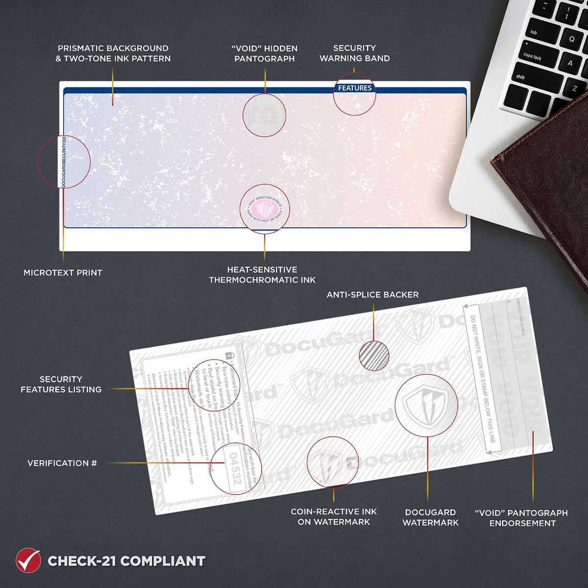 docugard blue/red premier prismatic top high security check, close-up detail