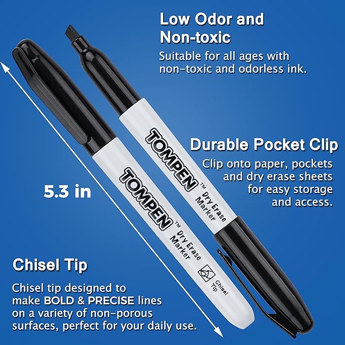 TOMPEN Dry Erase Markers Black, 160 Bulk Pack Chisel Tip, Low Odor Quick-Drying - Image 3