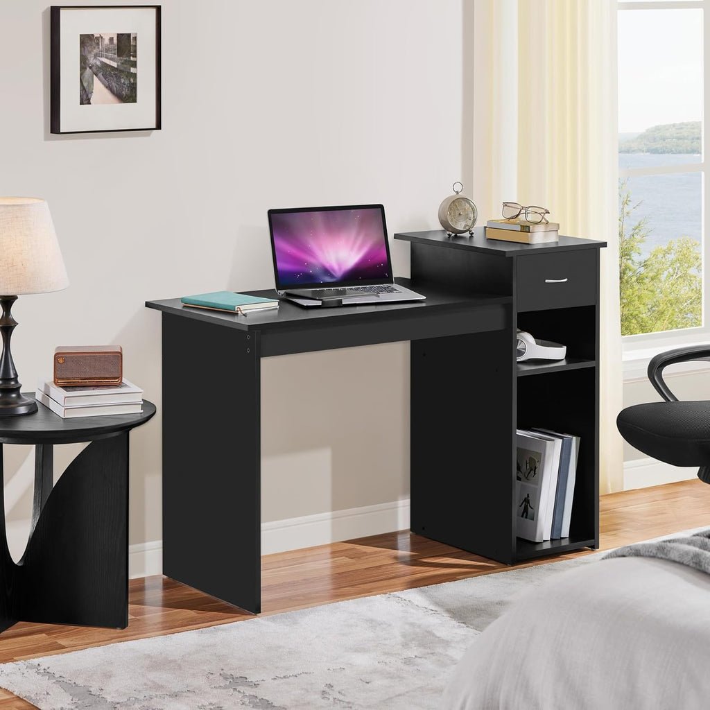 Yaheetech Black Computer Desk and Chair Set with Drawer, Shelves, Mesh Seat | Particle Board and MDF Build a Sturdy Desk with a Drawer and Elevated Platform, Paired with a Mesh Chair for Adults.