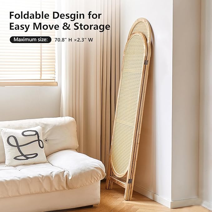 Asnefeli Room Divider 3 Panels, Hand-Woven Rattan Room Divider Wall, Foldable - Image 6
