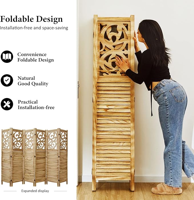 Room Divider Wood Carved Wall Divider Indoor Folding Portable Partition Screen - Image 3