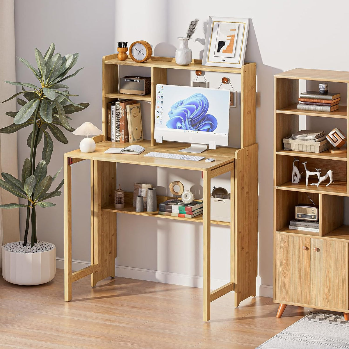 Folding Desk for Small Spaces, Bamboo Foldable Desk with Bookshelf, Natural