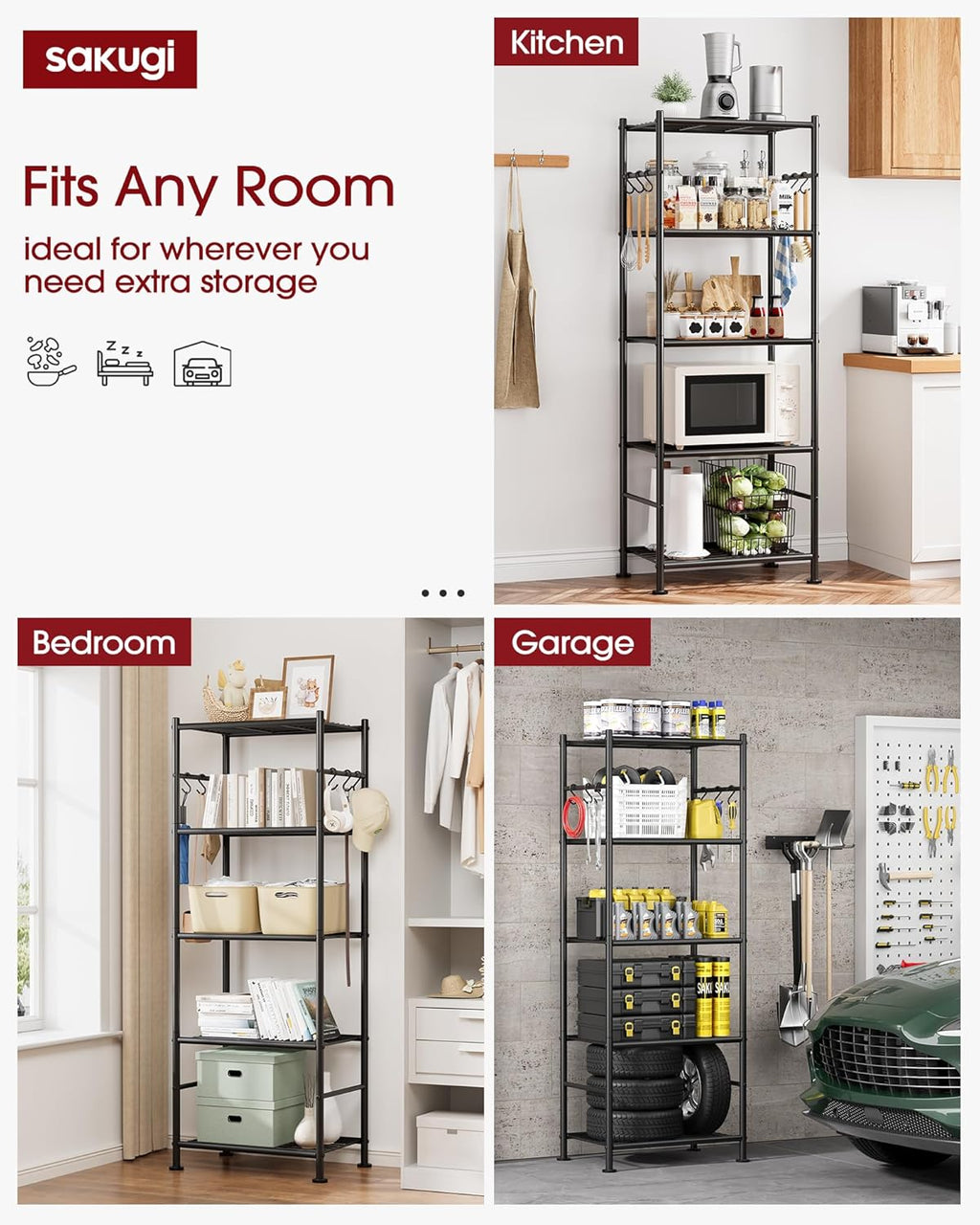 sakugi 5-tier storage rack organizer with hooks, heavy, side view