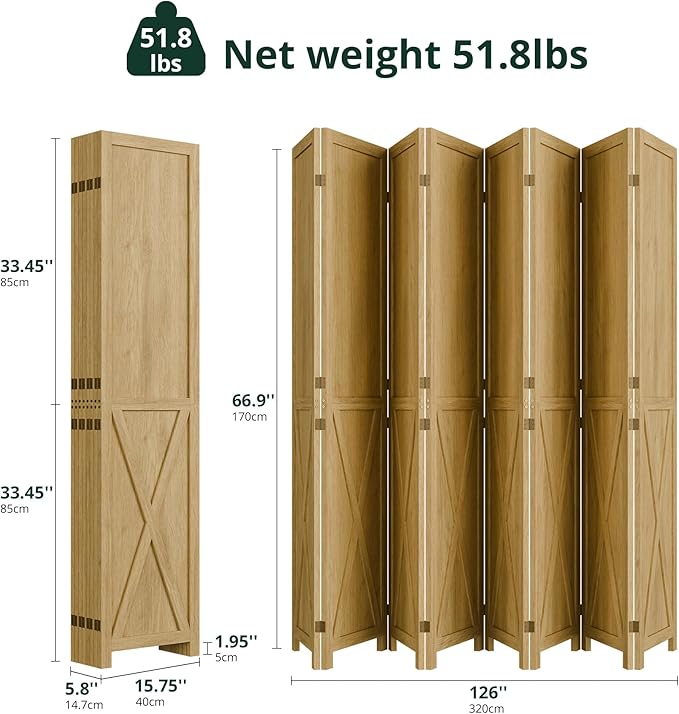Cozy Castle Wood Room Divider, 8 Panels Folding Privacy Screen, 66.9'' Wall - Image 2