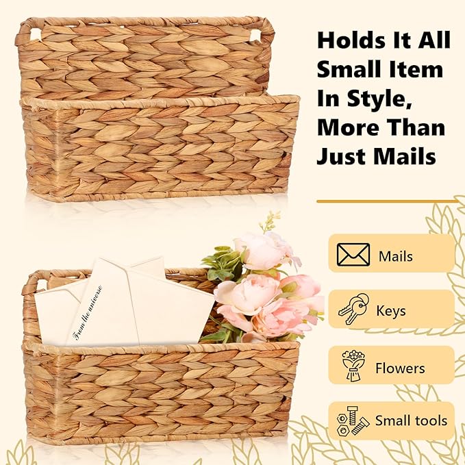 2 Pcs Woven Mail Holder Wall Mount Basket Rattan Wall Letter Holder Wicker - Image 6