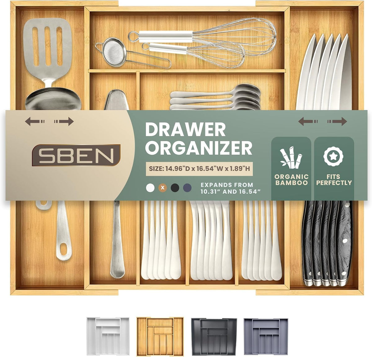 Sben Bamboo Cutlery Drawer Organizer, Bamboo, Medium