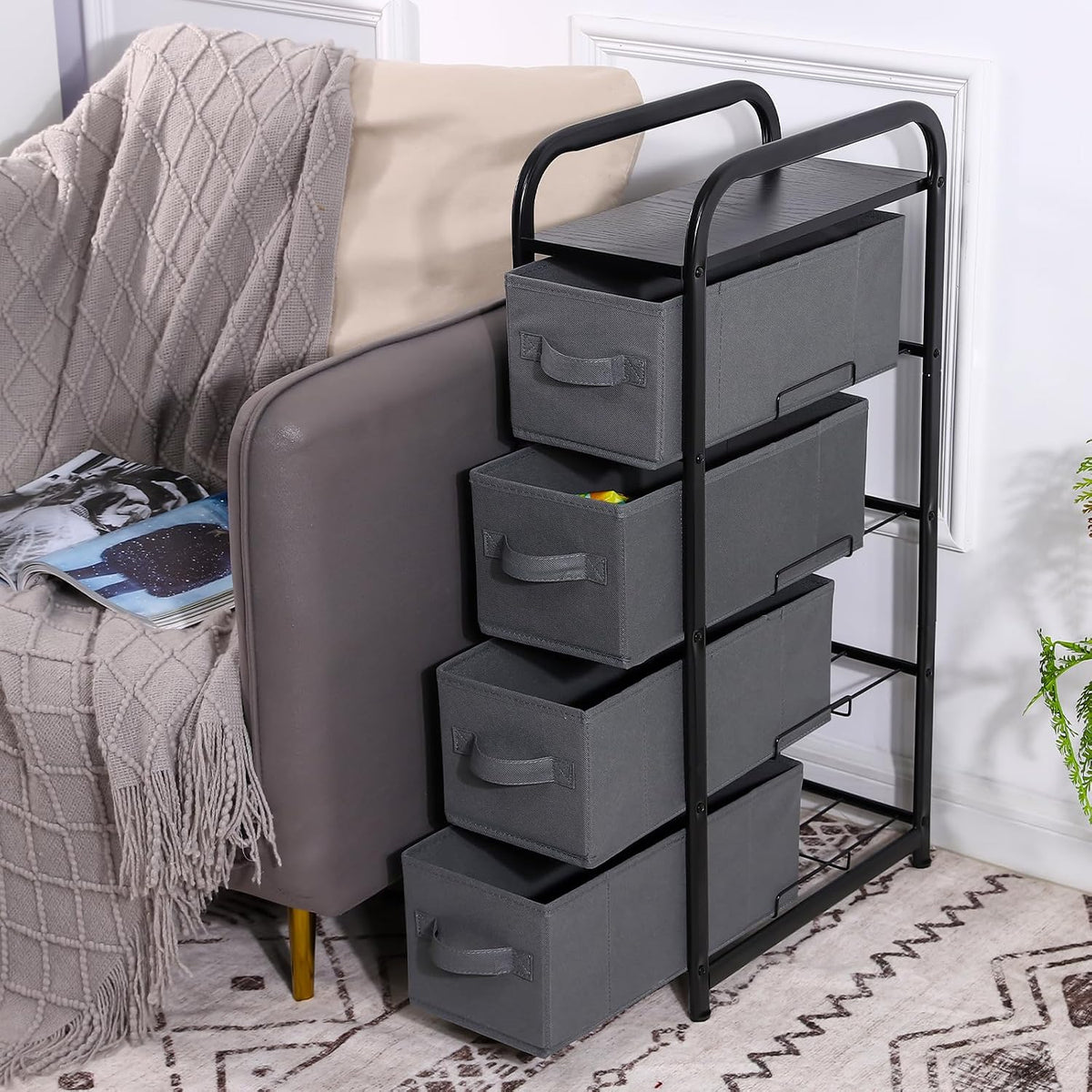 MAX Houser 4 Drawer Narrow Dresser Fabric Storage Tower Vertical Slim Storage...