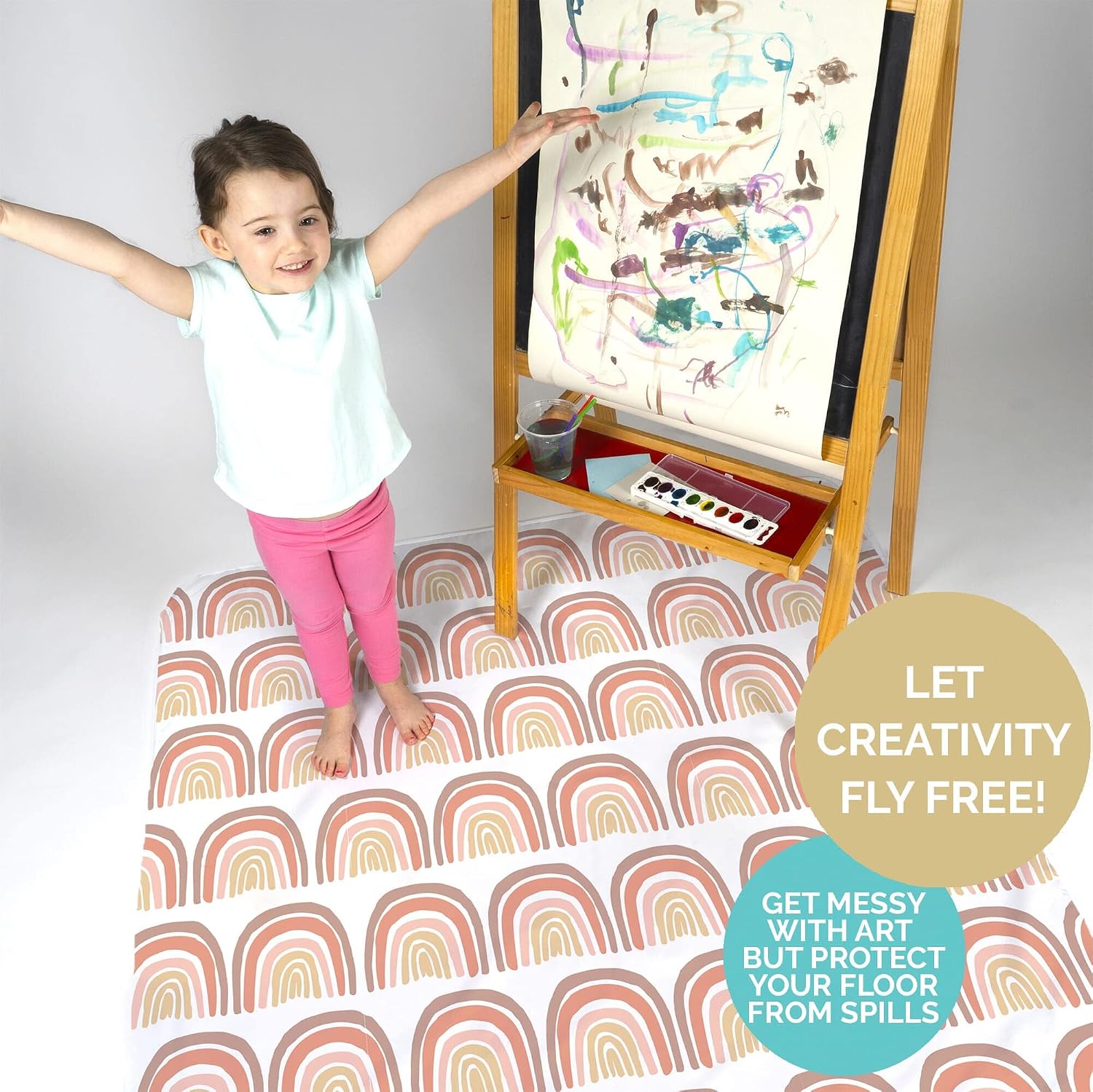 JumpOff Jo - Large Baby Splat Mat for Under High Chair, Booster Seat, Tabletop, Food Catcher - Protect Floor and Carpet from Spills & Crafts - Waterproof and Washable (Boho Rainbow)