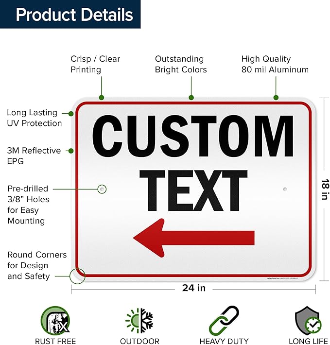 Custom Arrow Directional Sign, Left Arrow, 18x24 Inches, 3M EGP Reflective - Image 6